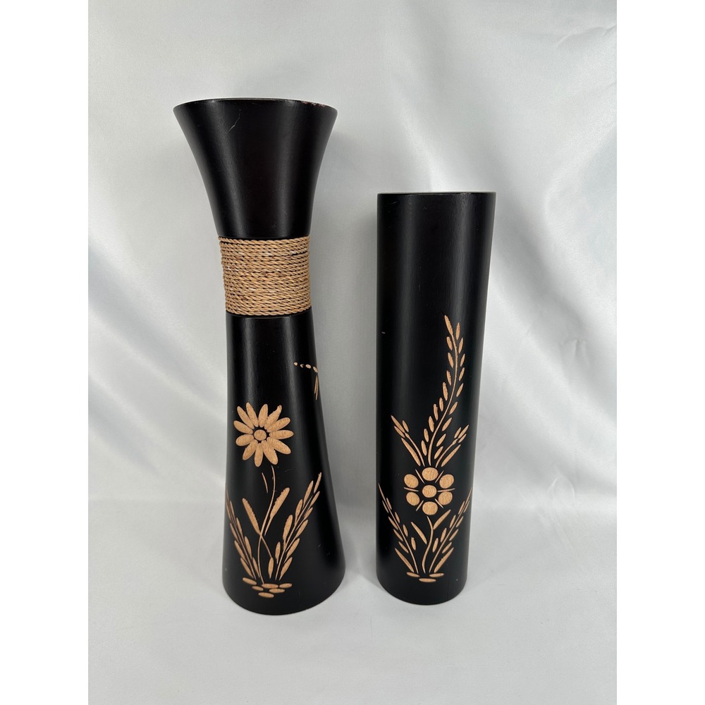 Unbranded Wooden Vase Set Black Dark Brown Etched Floral Boho Decor 2 Piece